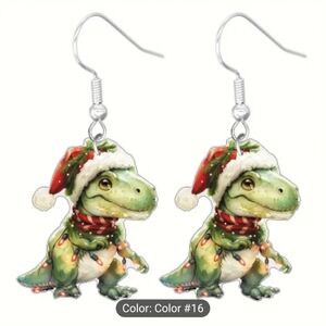 Christmas Cartoon Earrings - Acrylic Dangles with Dinosaur with Santa Hat - NWOT